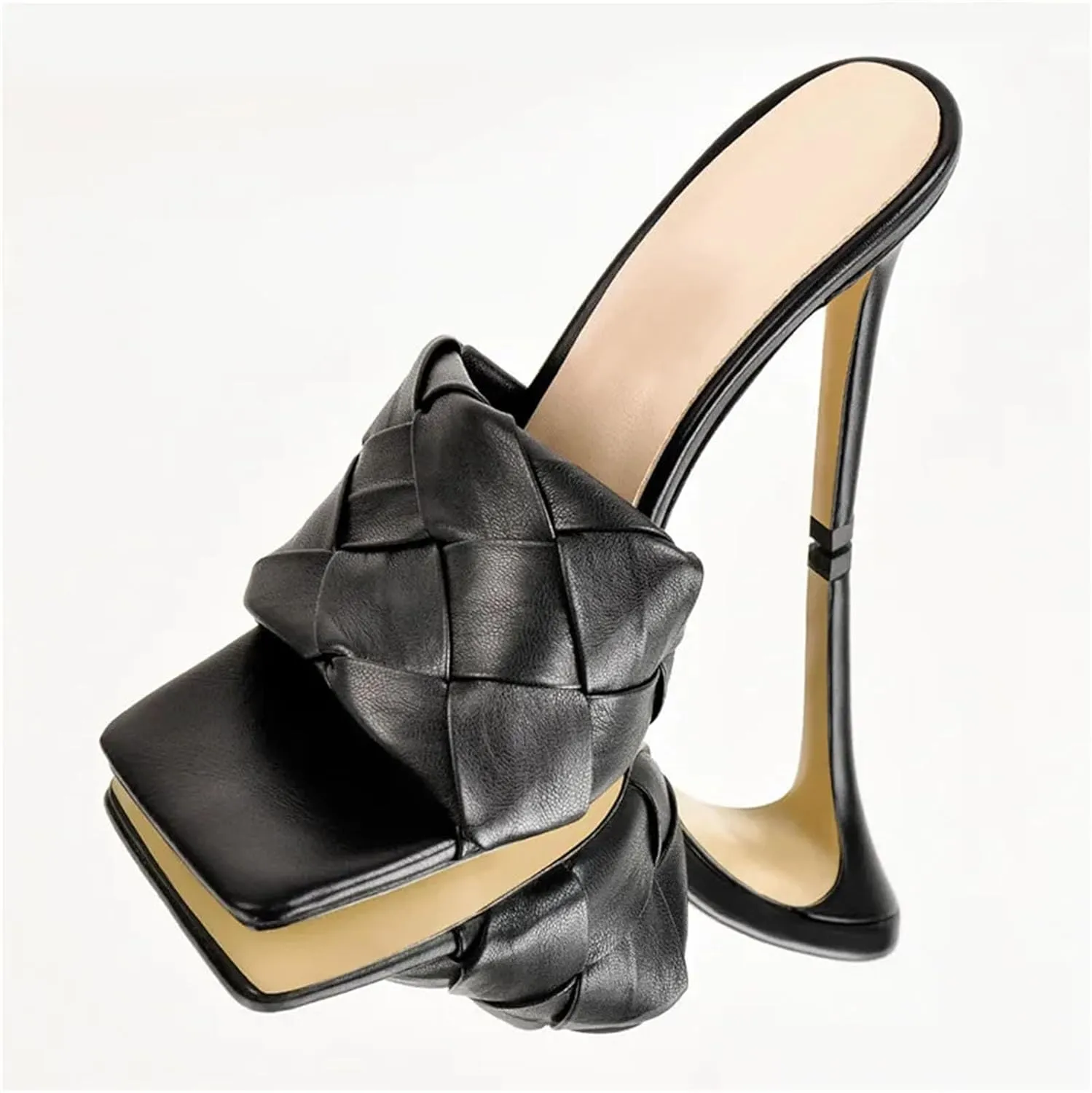 Women's Square Toe Black Mules - Thin High Heel Slip On Summer Sandals