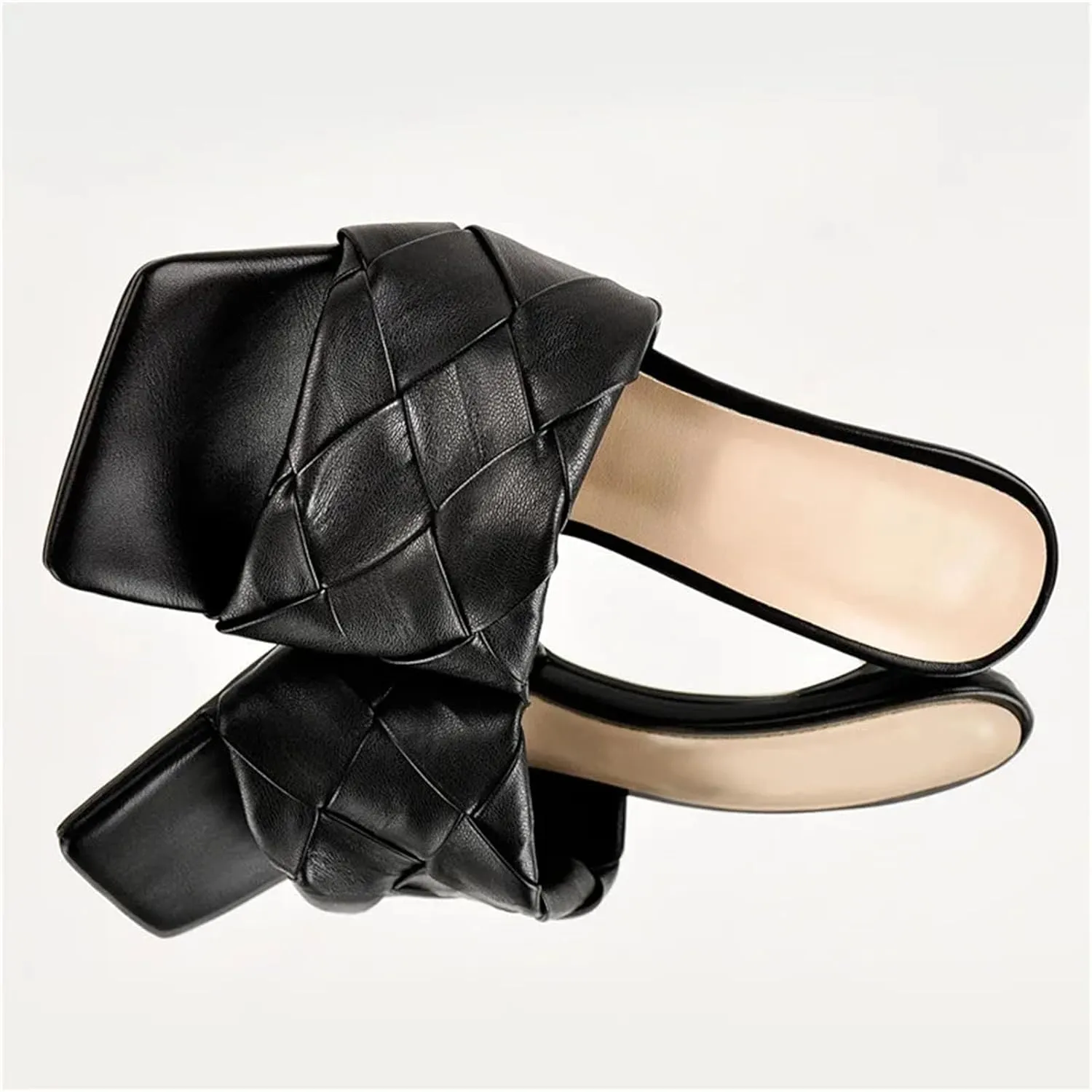 Women's Square Toe Black Mules - Thin High Heel Slip On Summer Sandals
