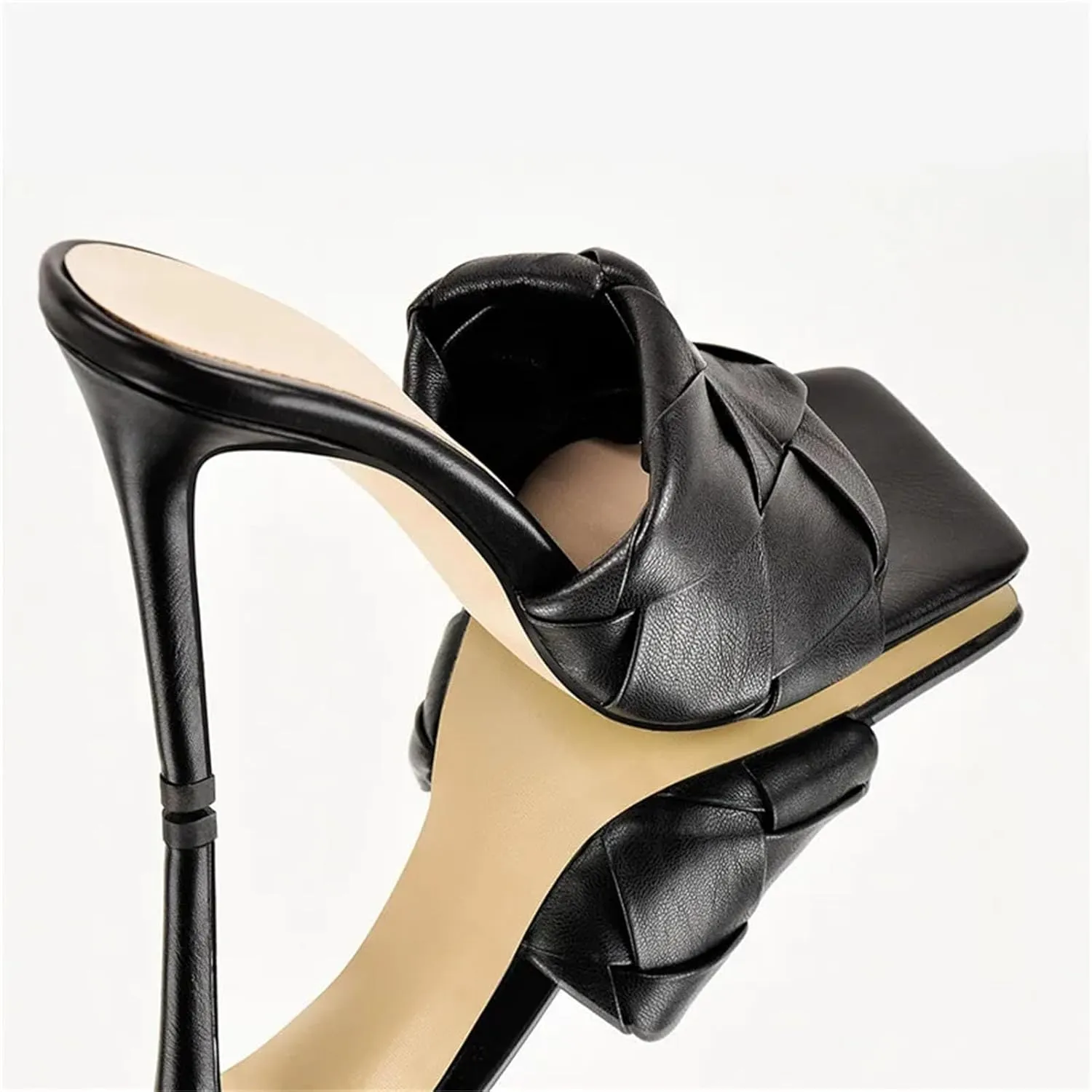 Women's Square Toe Black Mules - Thin High Heel Slip On Summer Sandals