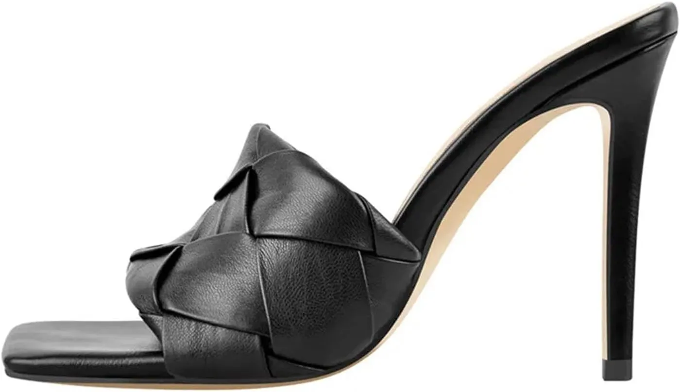 Women's Square Toe Black Mules - Thin High Heel Slip On Summer Sandals