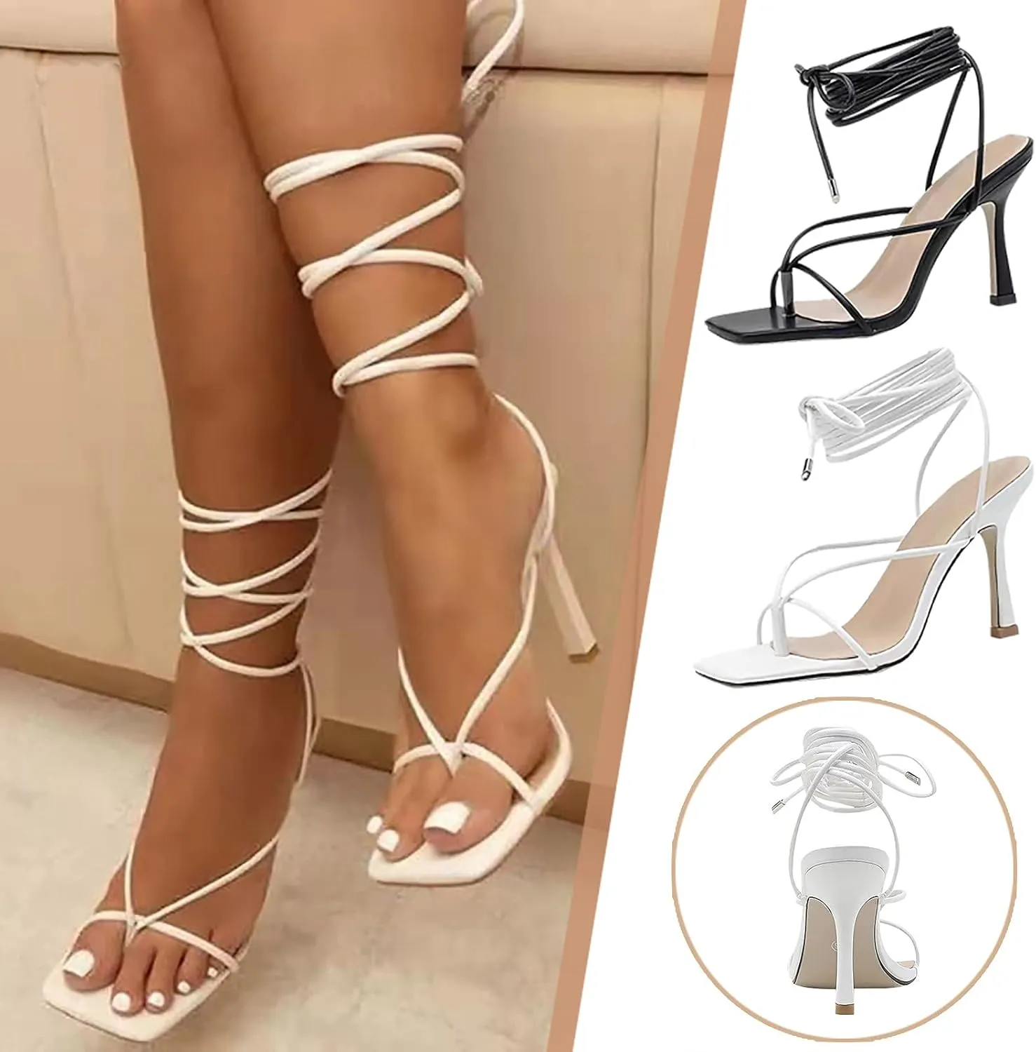 Women's Stiletto Heel Lace-Up Sandals,Summer Fashion Narrow Band Square Toe High Heels Cross Strap V Shape Shoes