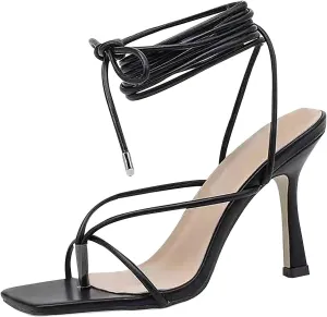 Women's Stiletto Heel Lace-Up Sandals,Summer Fashion Narrow Band Square Toe High Heels Cross Strap V Shape Shoes