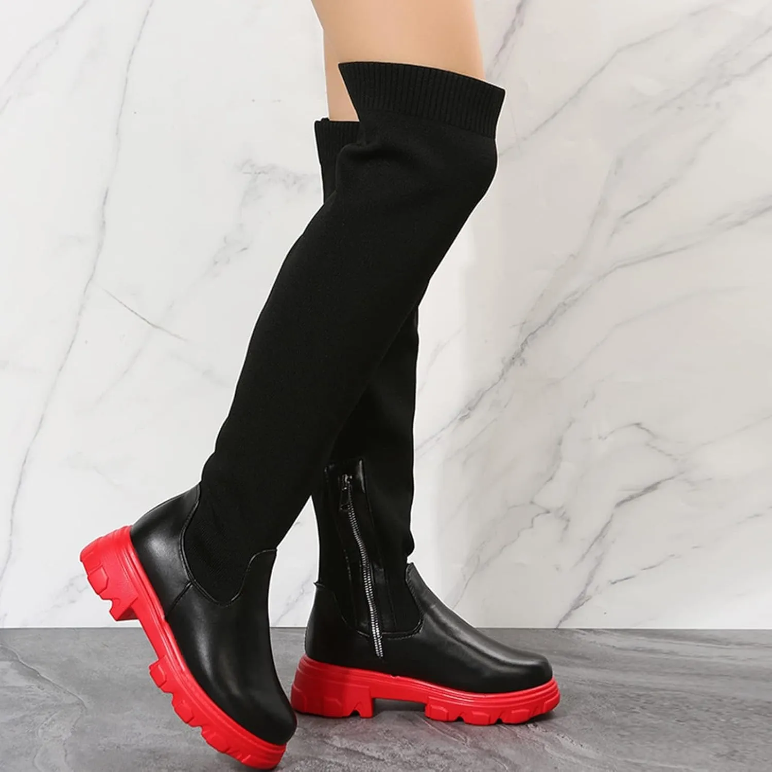 Womens Stretch Knitted Long Tall Boots Winter Round Toe Thigh High Sock Boots Slip On Platform Over The Knee Boots