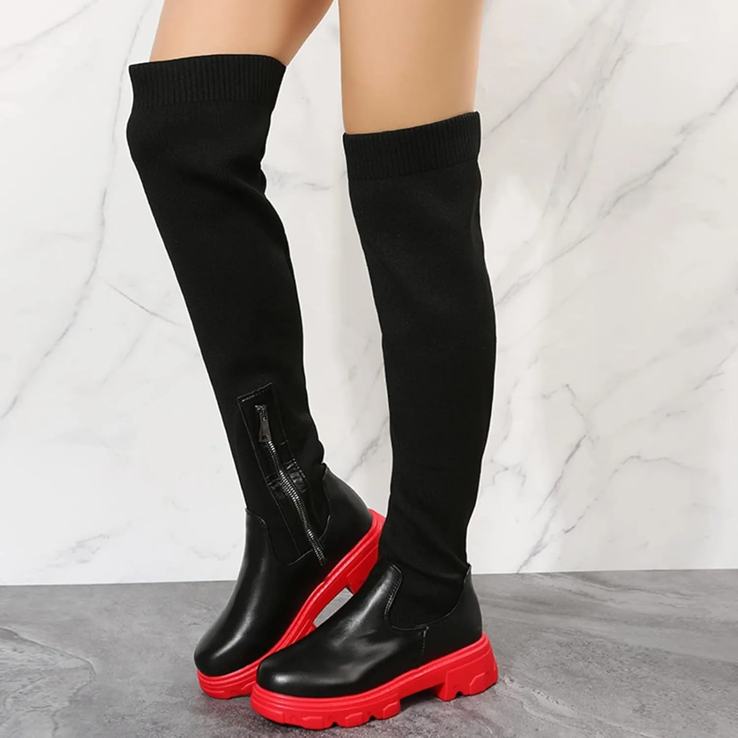 Womens Stretch Knitted Long Tall Boots Winter Round Toe Thigh High Sock Boots Slip On Platform Over The Knee Boots