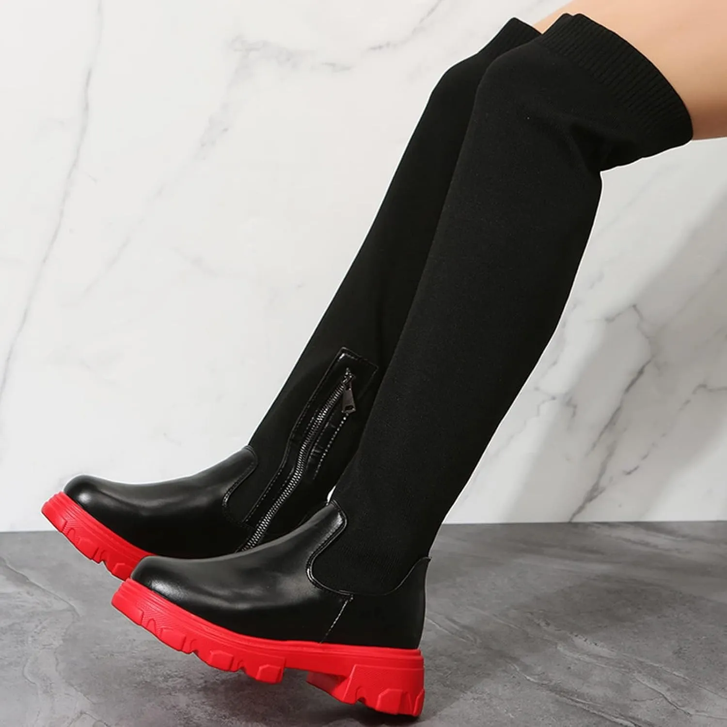Womens Stretch Knitted Long Tall Boots Winter Round Toe Thigh High Sock Boots Slip On Platform Over The Knee Boots