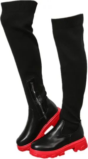 Womens Stretch Knitted Long Tall Boots Winter Round Toe Thigh High Sock Boots Slip On Platform Over The Knee Boots
