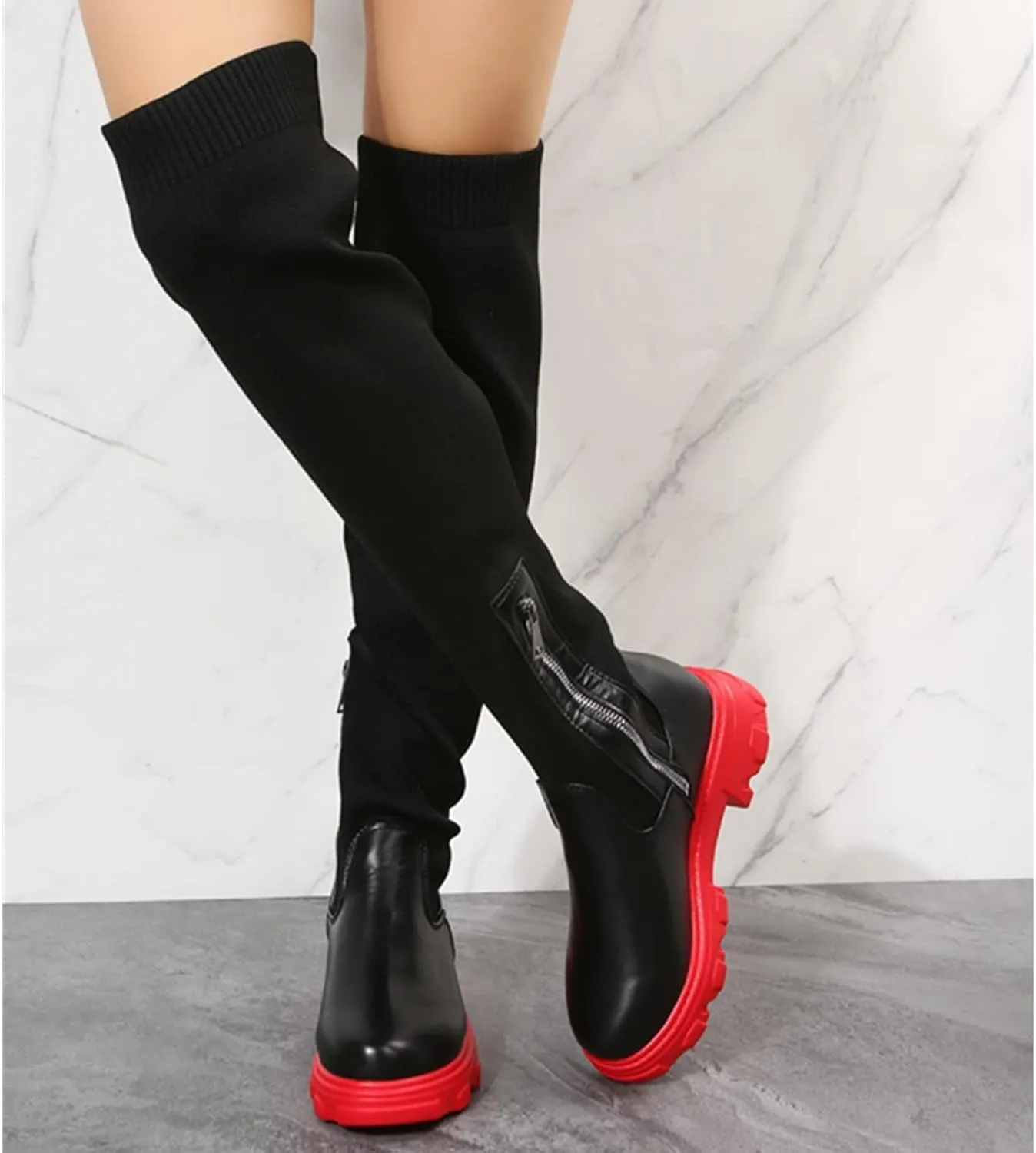 Womens Stretch Knitted Long Tall Boots Winter Round Toe Thigh High Sock Boots Slip On Platform Over The Knee Boots
