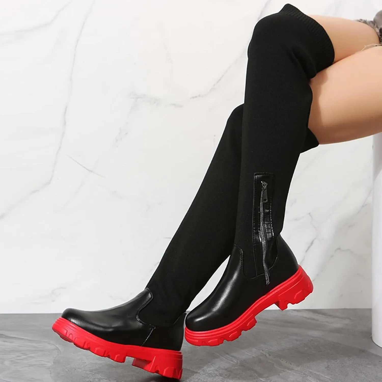 Womens Stretch Knitted Long Tall Boots Winter Round Toe Thigh High Sock Boots Slip On Platform Over The Knee Boots