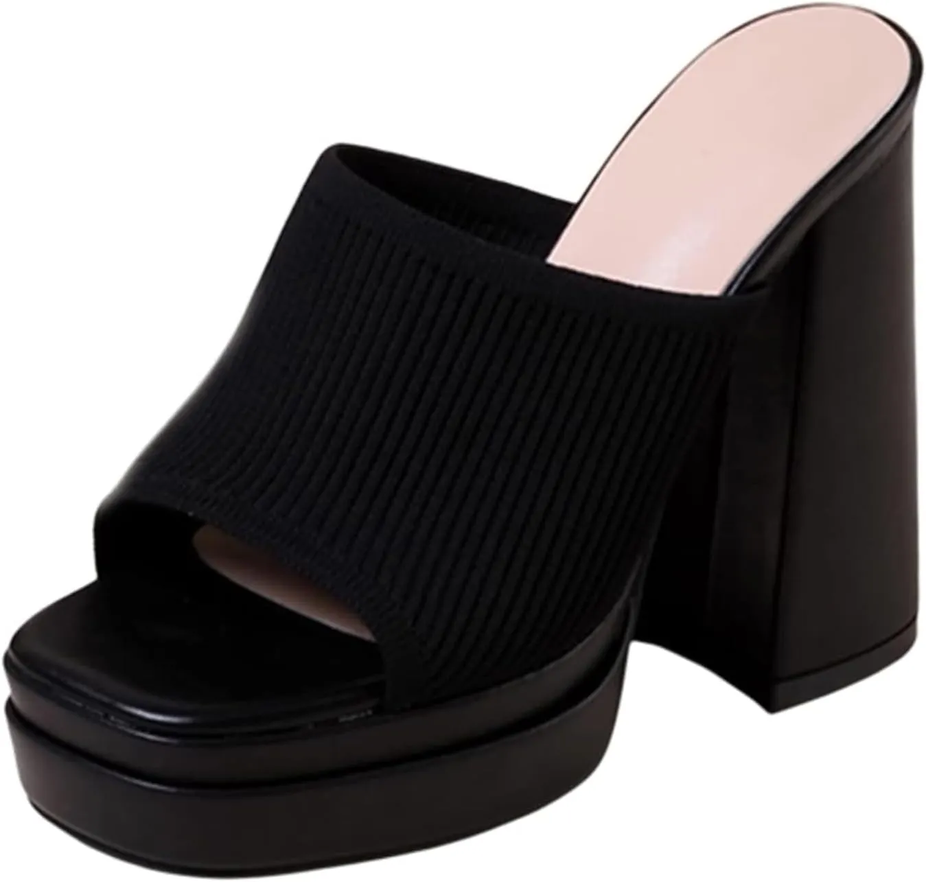 Women's Stretch Knitted Platform Chunky Heels Sexy Sandals Fashion Square Open Toe Block High Heeled Slip-On Y2K Slippers Summer Comfortable Slip On Party Dress Pump Mules Shoes