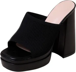 Women's Stretch Knitted Platform Chunky Heels Sexy Sandals Fashion Square Open Toe Block High Heeled Slip-On Y2K Slippers Summer Comfortable Slip On Party Dress Pump Mules Shoes