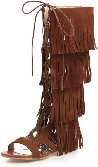 Women's Tassel Open Toe Sandals Summer Western Knee High Lace Up Boots Bohemian Strappy Flat Shoes