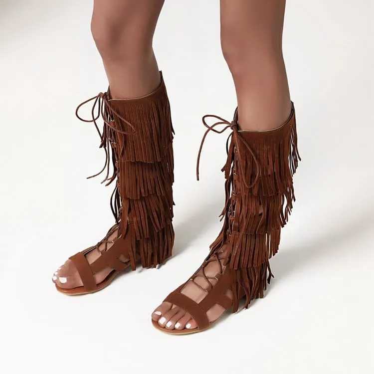 Women's Tassel Open Toe Sandals Summer Western Knee High Lace Up Boots Bohemian Strappy Flat Shoes