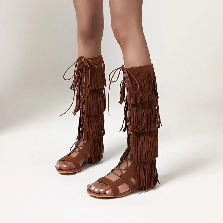 Women's Tassel Open Toe Sandals Summer Western Knee High Lace Up Boots Bohemian Strappy Flat Shoes