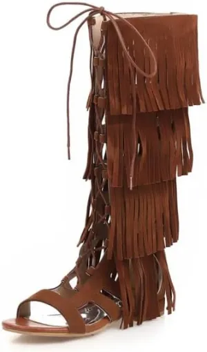 Women's Tassel Open Toe Sandals Summer Western Knee High Lace Up Boots Bohemian Strappy Flat Shoes