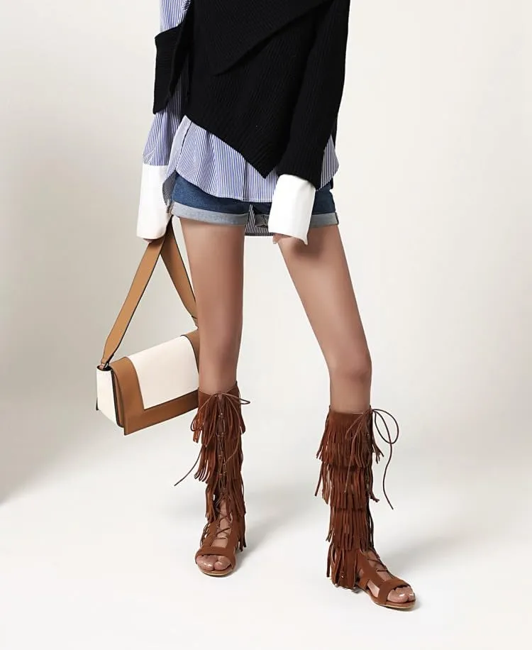 Women's Tassel Open Toe Sandals Summer Western Knee High Lace Up Boots Bohemian Strappy Flat Shoes