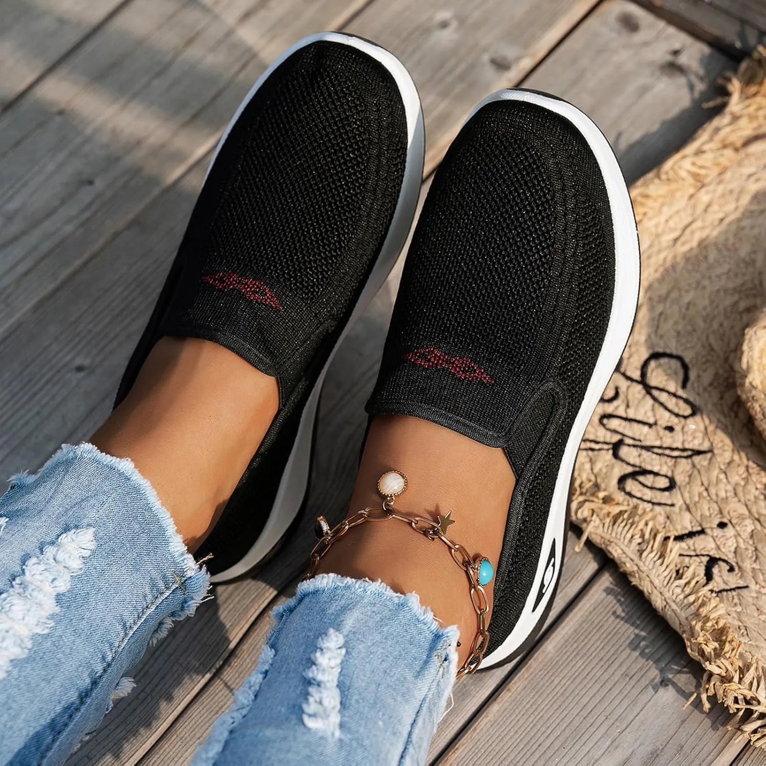Women's Woven Orthopedic Breathable Soft Shoes Go Walk Slip on Shoes Diabetic Foam Shoes Hands Free Slip on Sneakers with Arch Support for Women