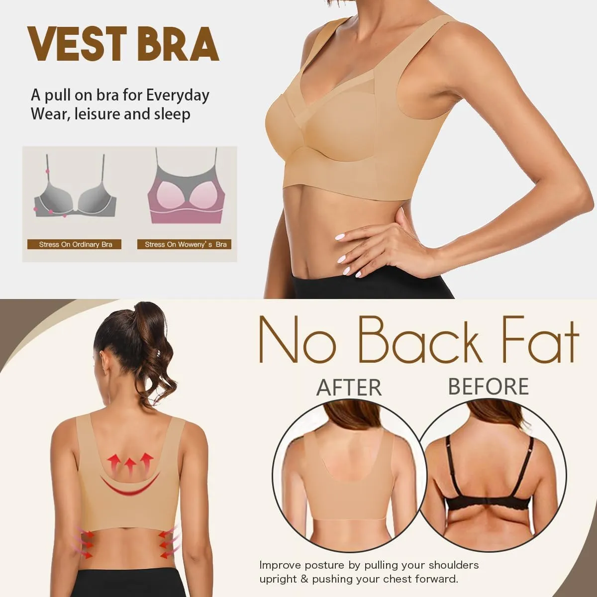 WOWENY Womens Seamless Wirefree Bras Comfortable Wireless Bras No Underwire Padded Push Up Soft Back Smoothing Bra