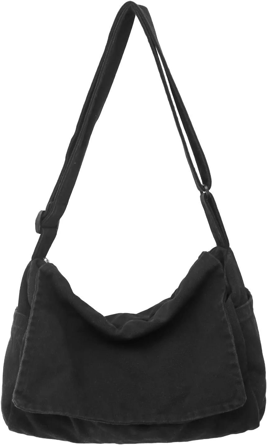 Wxnow Versatile Canvas Shoulder Tote Shopping/Work/Travel Ready Thin Water-Resistant Fabric Unisex Minimalist Daily Bag (Black)