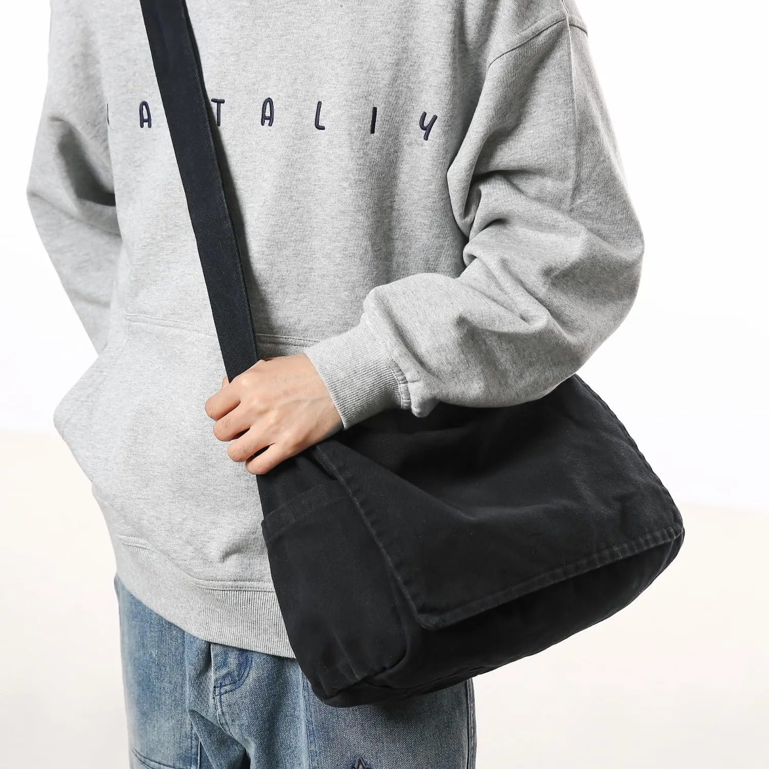 Wxnow Versatile Canvas Shoulder Tote Shopping/Work/Travel Ready Thin Water-Resistant Fabric Unisex Minimalist Daily Bag (Black)