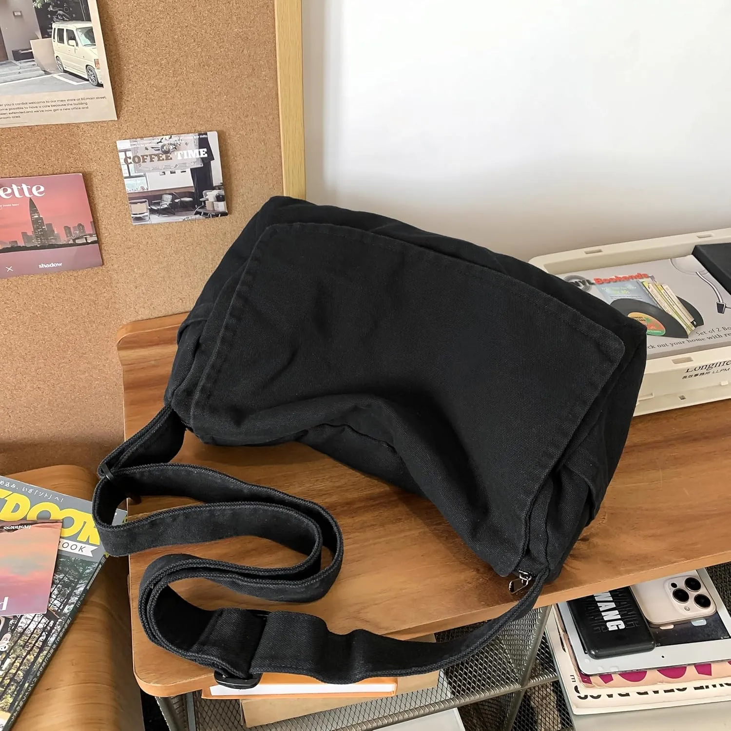 Wxnow Versatile Canvas Shoulder Tote Shopping/Work/Travel Ready Thin Water-Resistant Fabric Unisex Minimalist Daily Bag (Black)