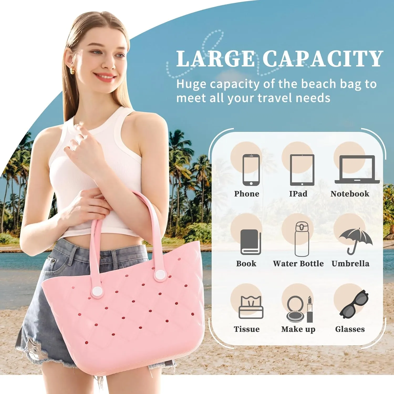 X Large Beach Bag Rubber Tote Bag, Waterproof Washable Proof Travel Bag for Women Handbag for Sports Beach Market Pool