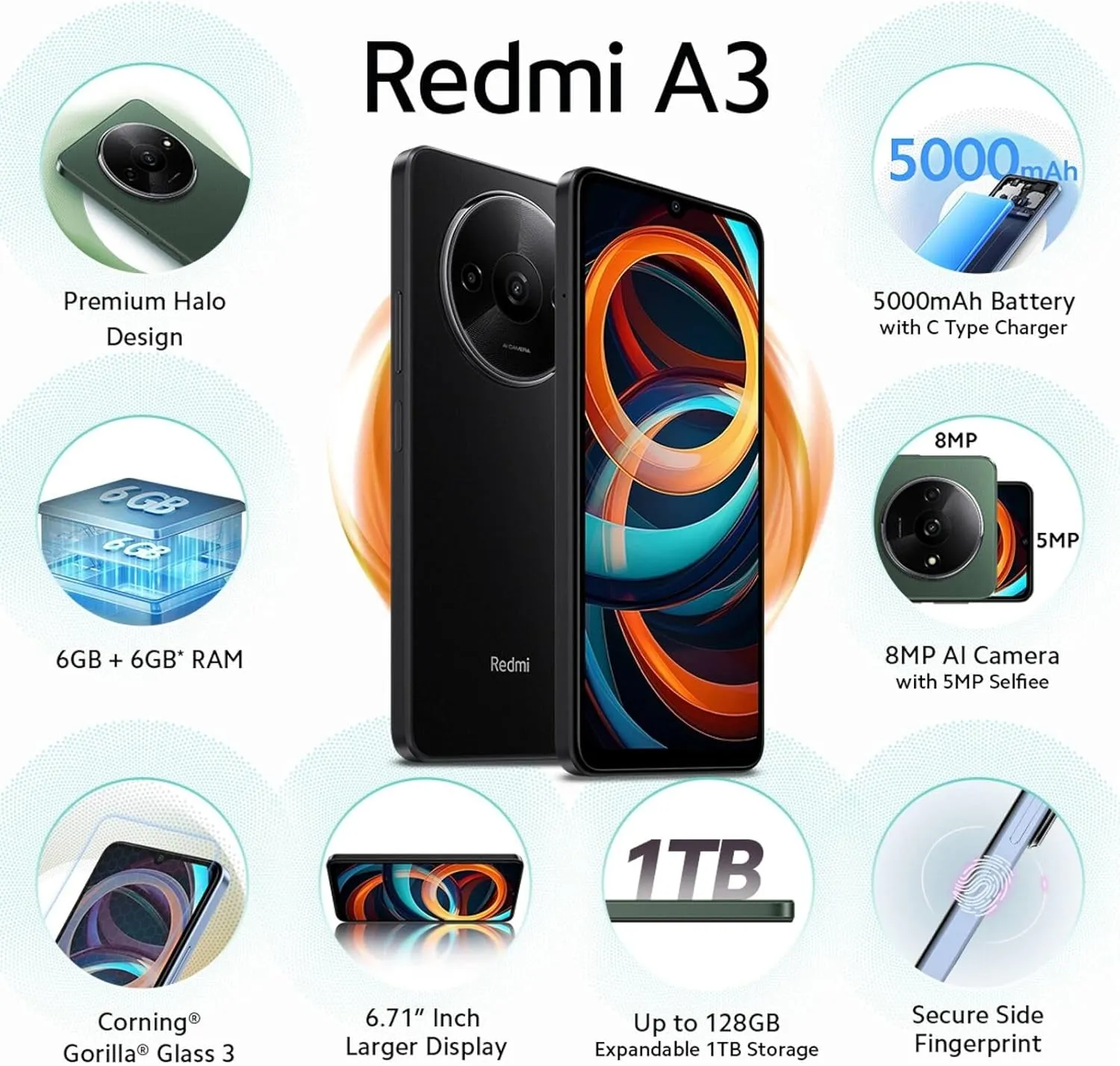 Xiaomi Redmi A3 4G Lte (Tmobile Tello & Global) 64GB   3GB Global ROM Unlocked 6.71 8MP Dual Camera (Midnight Black)