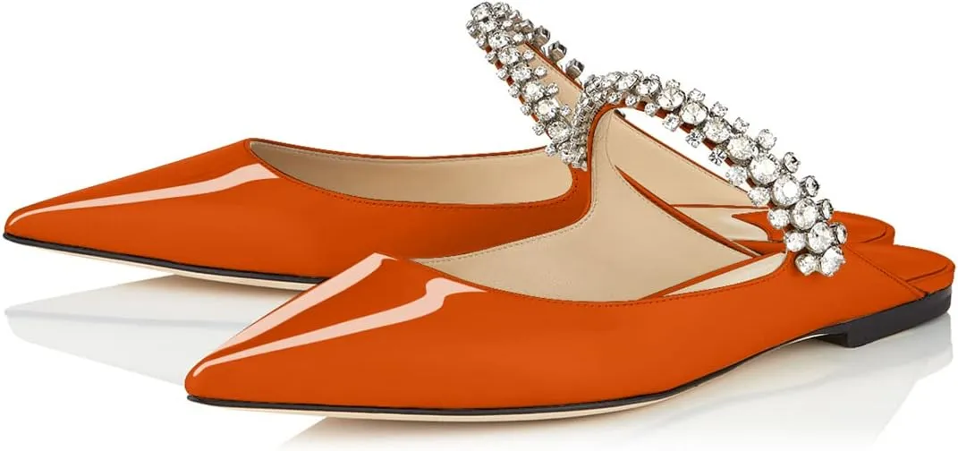 XINIUNIU Women Heeled Mules Patent Leather Strapped Mules Pointed Toe Slip On Sandals for Women Rhinestones Bridal Dress Shoes