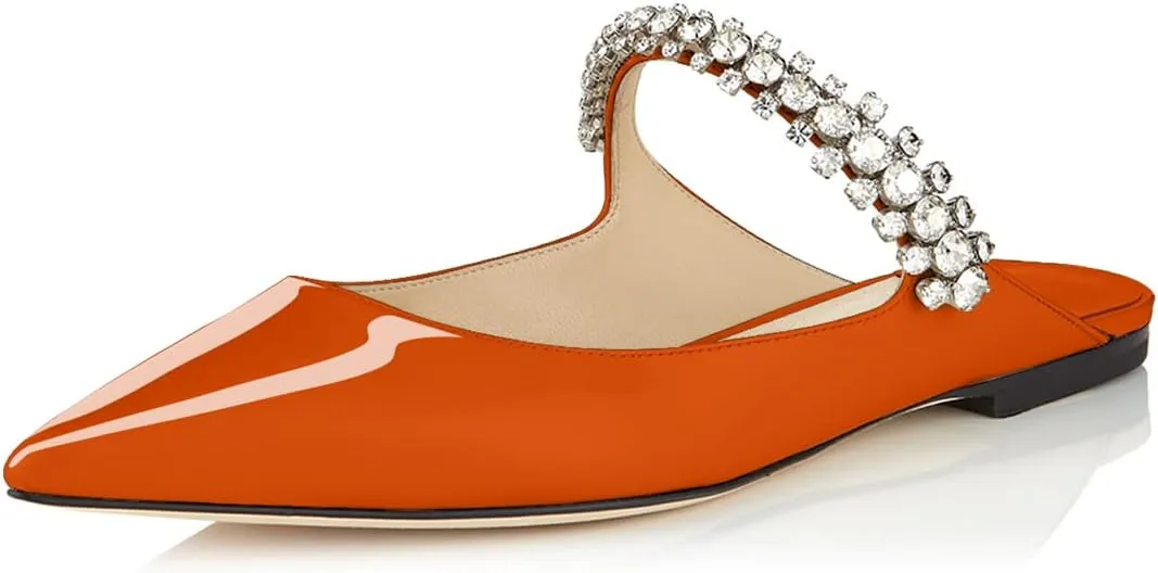 XINIUNIU Women Heeled Mules Patent Leather Strapped Mules Pointed Toe Slip On Sandals for Women Rhinestones Bridal Dress Shoes