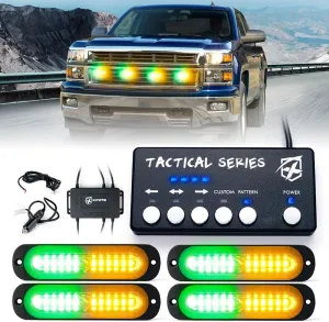 Xprite Amber Green LED Surface Mount Strobe Lights Kit, w/Control Panel Emergency Safety Warning Flashing Grille Cop Marker Light Assembly for Vehicles Trucks ATV UTV Motorcycle 4PCS