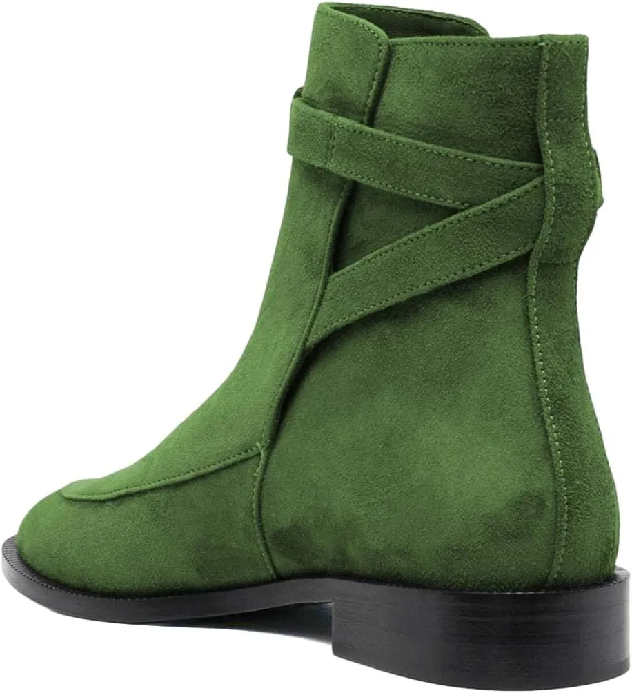 XYD Women Classic Pull On Suede Closed Round Toe Decorative Buckle Ankle Boots Low Heel Flats Winter Short Bootie Comfortable Travel Casual Shoes