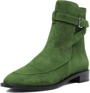 XYD Women Classic Pull On Suede Closed Round Toe Decorative Buckle Ankle Boots Low Heel Flats Winter Short Bootie Comfortable Travel Casual Shoes