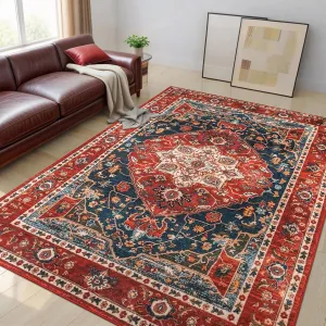 YJ.GWL Area Rug 4x6 Boho Floral Print Distressed Vintage Rug, Traditional Floor Cover Foldable Thin Rugs Retro Accent Carpet, Indoor Non Slip Washable Rugs for Living Room Bedroom, Red
