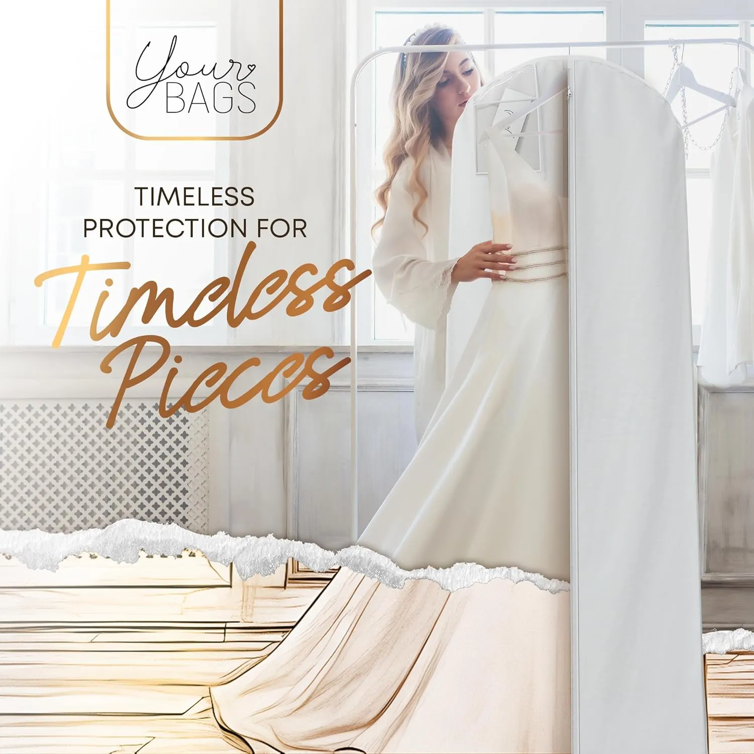 Your Bags Wedding Dress Garment Bag - Garment Bags for Travel & Hanging Clothes or Storage Preservation - 72" Wedding Dress Bag for Gowns Long with 20" Gusset for Puffy Bridal Gowns Cover - White