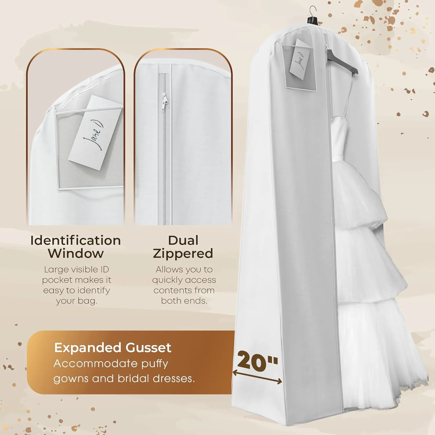 Your Bags Wedding Dress Garment Bag - Garment Bags for Travel & Hanging Clothes or Storage Preservation - 72" Wedding Dress Bag for Gowns Long with 20" Gusset for Puffy Bridal Gowns Cover - White
