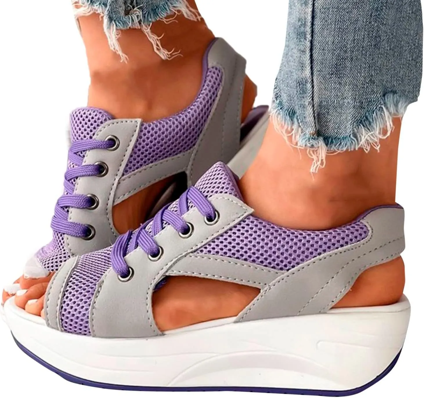 ZDLJYL Women Contrast Paneled Cutout Lace-Up Muffin Sandals,Women Causal Summer Toe Platform Sandals Sport Wedges Sandals