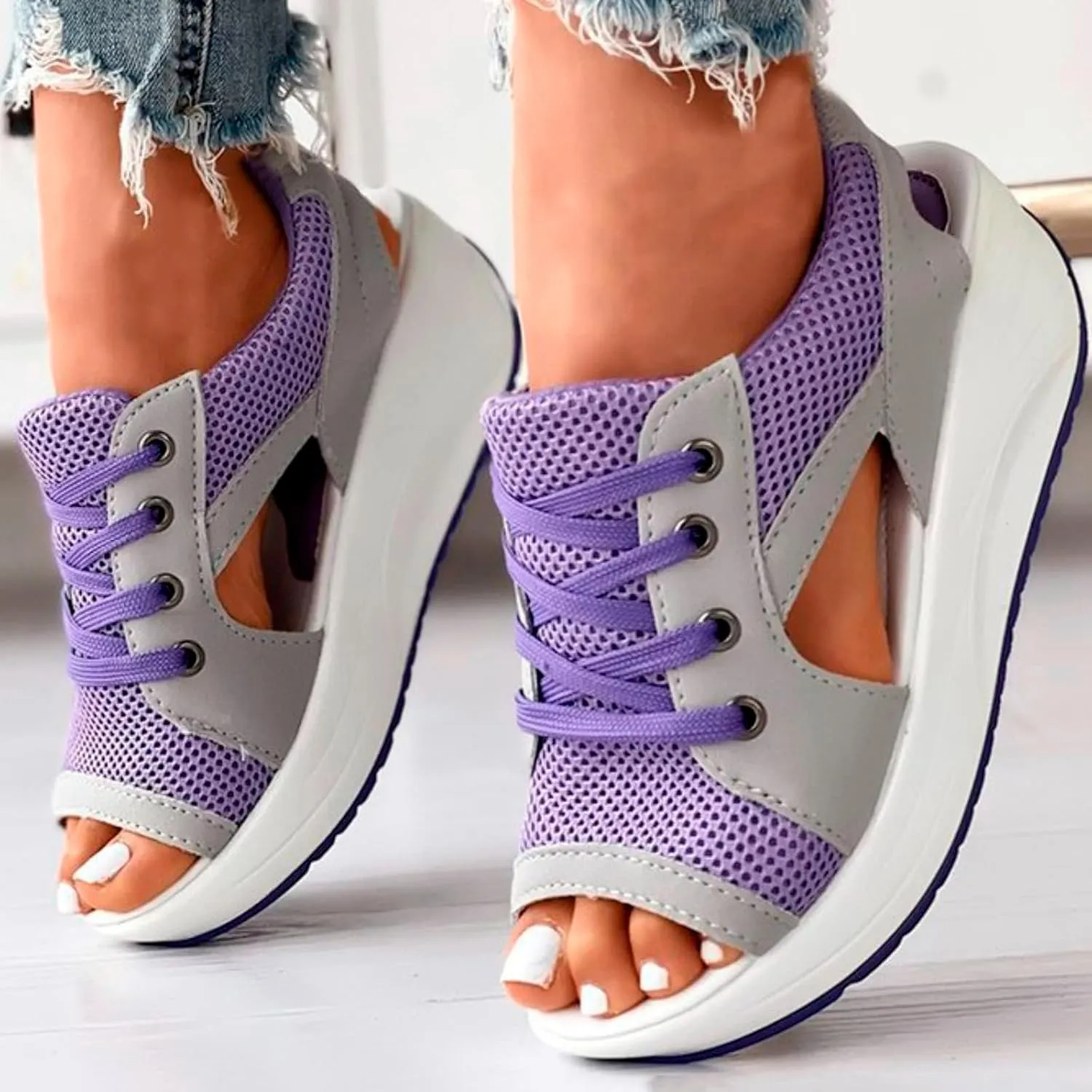 ZDLJYL Women Contrast Paneled Cutout Lace-Up Muffin Sandals,Women Causal Summer Toe Platform Sandals Sport Wedges Sandals