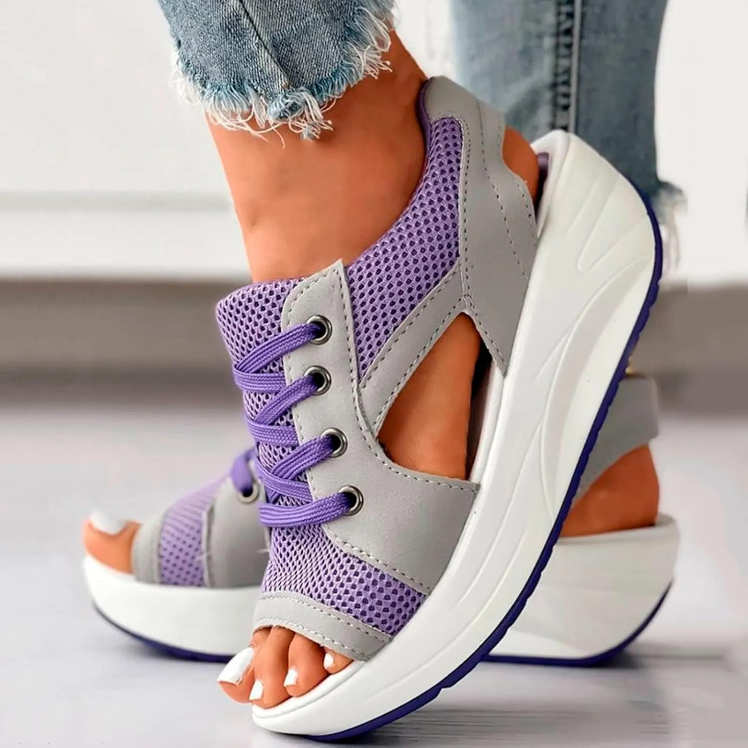 ZDLJYL Women Contrast Paneled Cutout Lace-Up Muffin Sandals,Women Causal Summer Toe Platform Sandals Sport Wedges Sandals