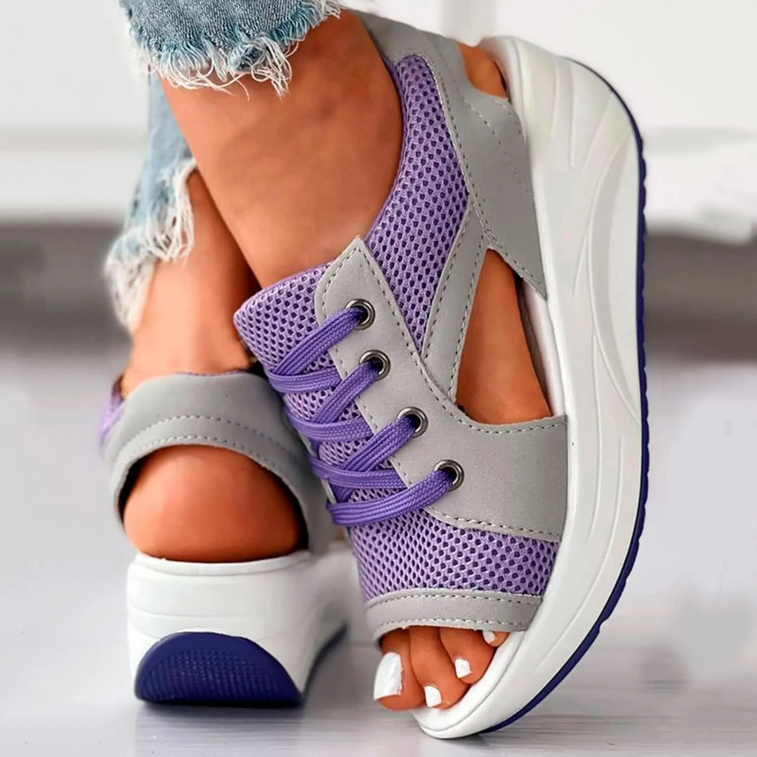ZDLJYL Women Contrast Paneled Cutout Lace-Up Muffin Sandals,Women Causal Summer Toe Platform Sandals Sport Wedges Sandals