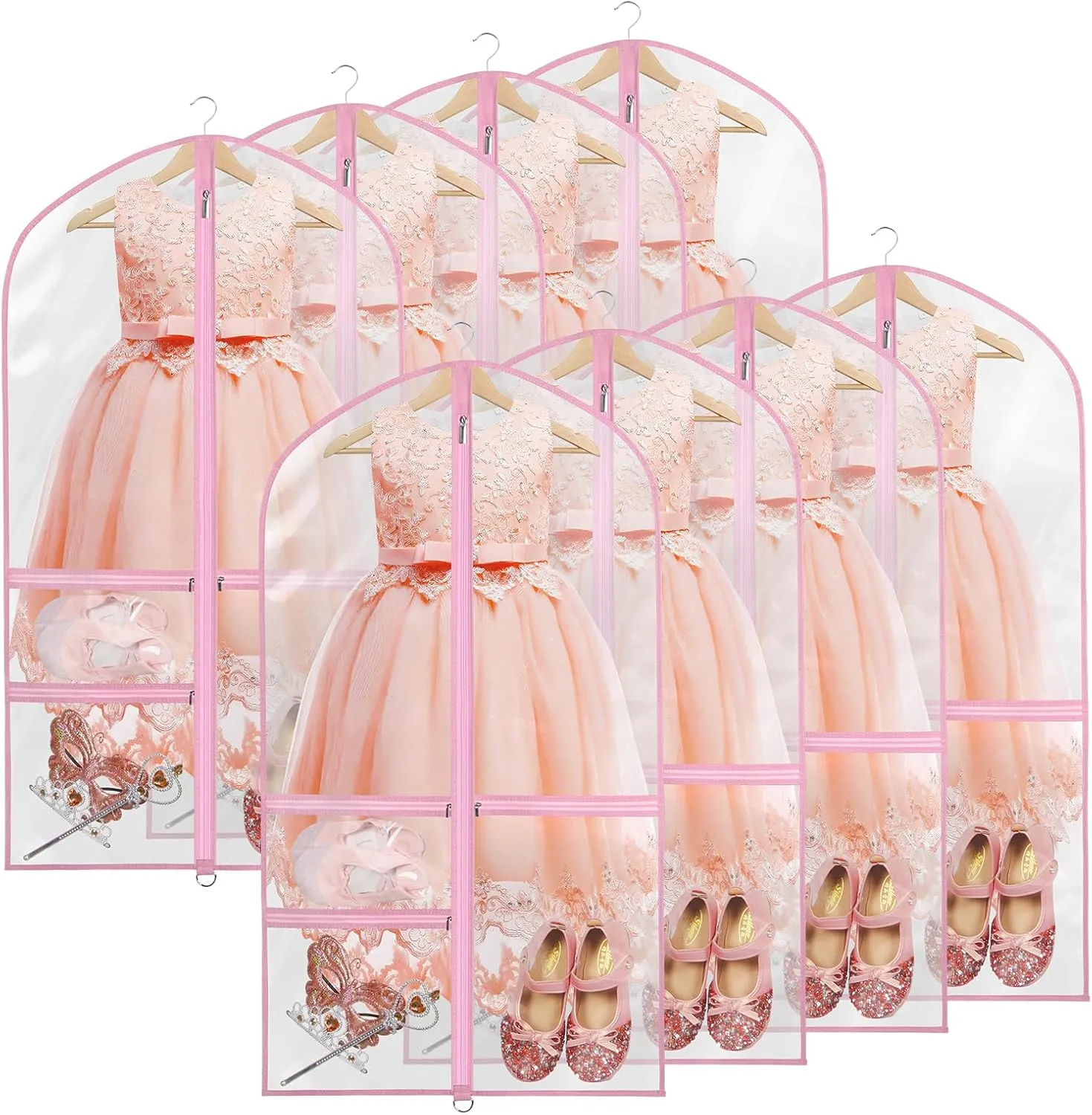 Zilink Clear Garment Bag for Dance Costumes 40" Dance Garment Bags for Dancers Kids Garment Bags for Travel with 3 Clear Zipper Pockets，Set of 8[Upgraded Version]