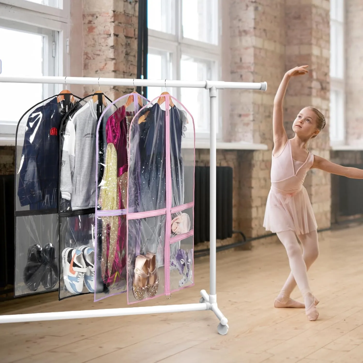 Zilink Clear Garment Bag for Dance Costumes 40" Dance Garment Bags for Dancers Kids Garment Bags for Travel with 3 Clear Zipper Pockets，Set of 8[Upgraded Version]