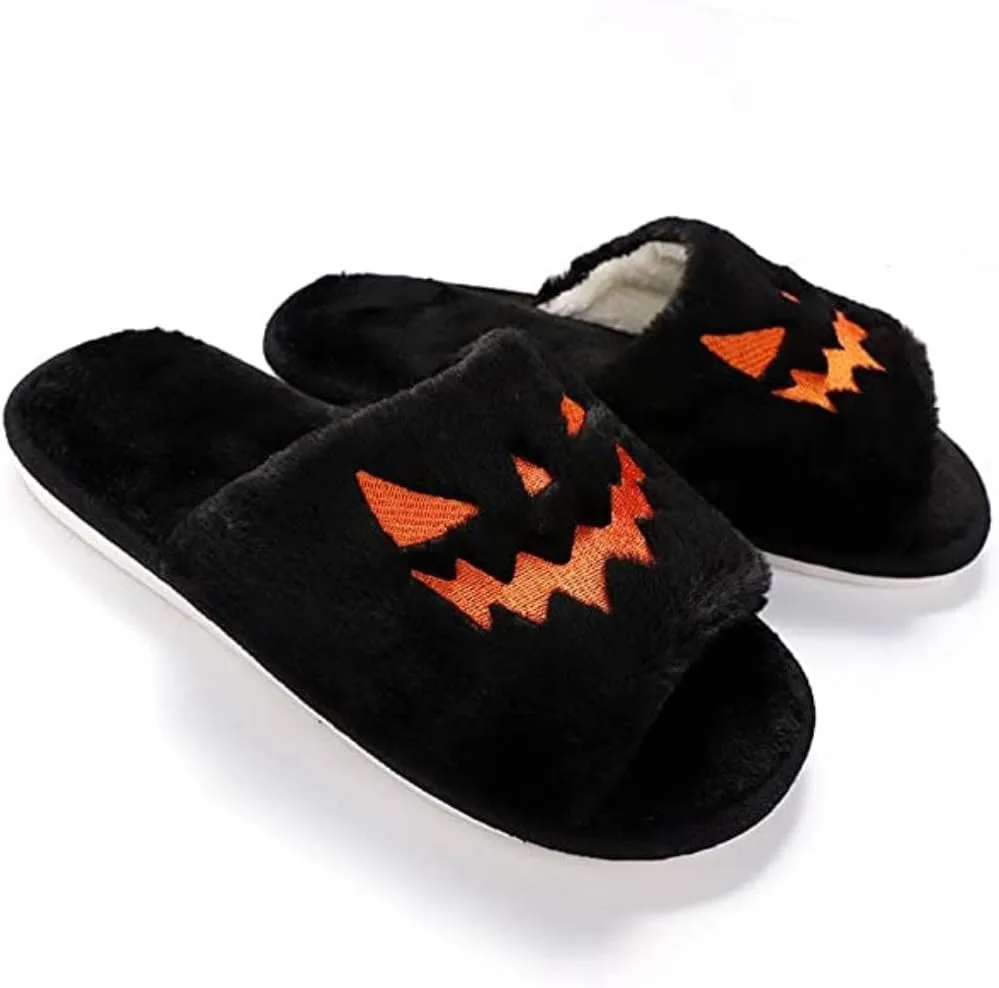 Zureto Halloween Pumpkin Slippers, Spooky Bat Slippers, Adults Fuzzy Slippers Soft Plush Cozy Open Toe Shoes