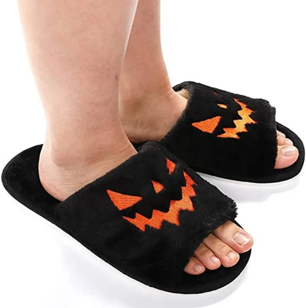 Zureto Halloween Pumpkin Slippers, Spooky Bat Slippers, Adults Fuzzy Slippers Soft Plush Cozy Open Toe Shoes