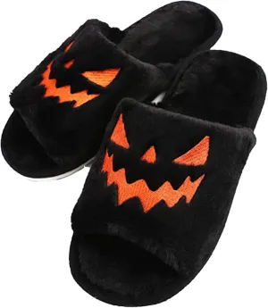 Zureto Halloween Pumpkin Slippers, Spooky Bat Slippers, Adults Fuzzy Slippers Soft Plush Cozy Open Toe Shoes
