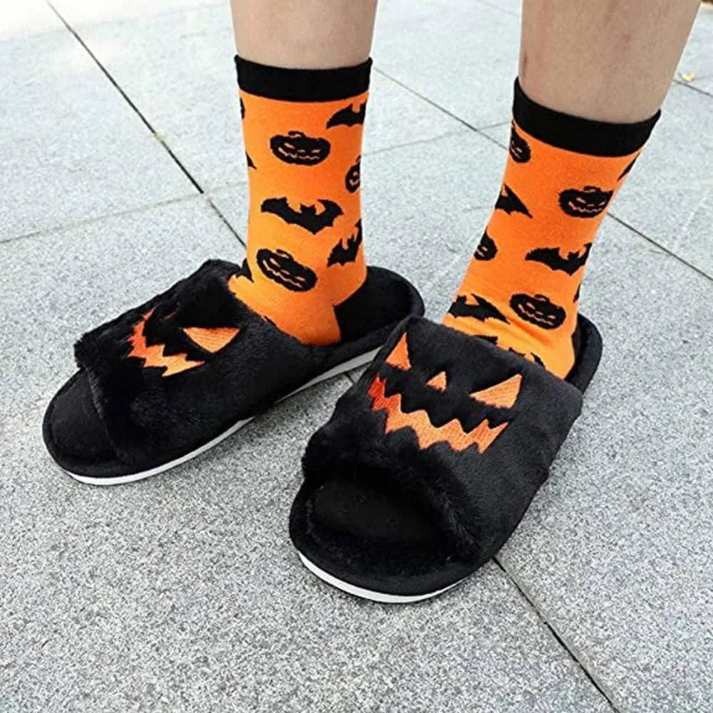 Zureto Halloween Pumpkin Slippers, Spooky Bat Slippers, Adults Fuzzy Slippers Soft Plush Cozy Open Toe Shoes
