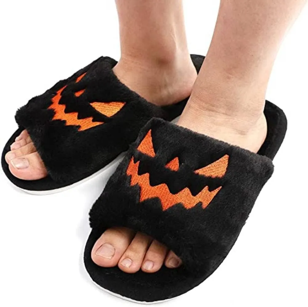 Zureto Halloween Pumpkin Slippers, Spooky Bat Slippers, Adults Fuzzy Slippers Soft Plush Cozy Open Toe Shoes