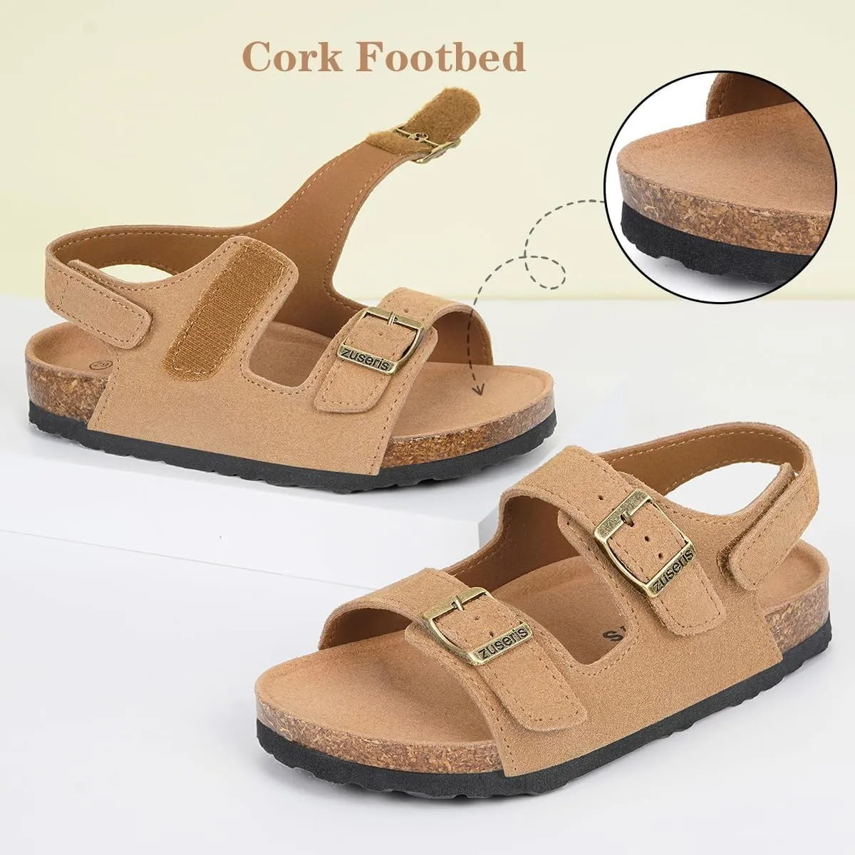 ZUSERIS Kids Toddler Sandals Boys Girls Cork Footbed Sandal Comfort Double Buckle Slip On Slippers with Adjustable Back Strap